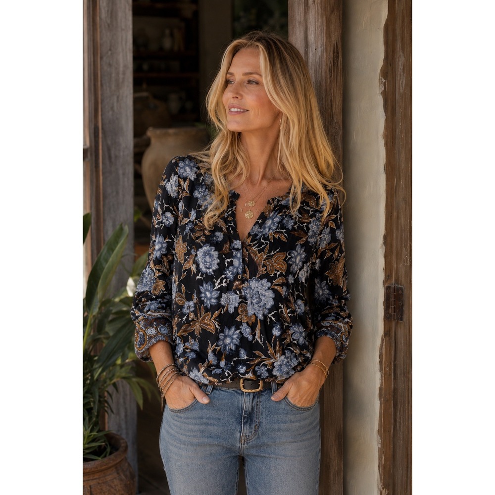 Lucky Brand Women Black‎ Blue Floral Boho Viscose Split Neck Blouse Medium